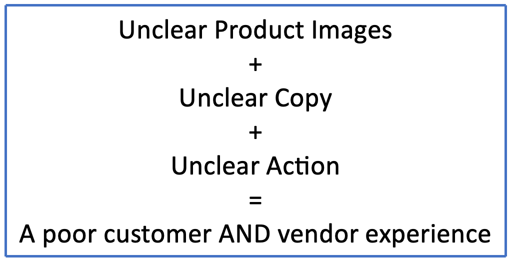 Unclear product images plus unclear copy plus unclear action equals a poor customer and vendor experience