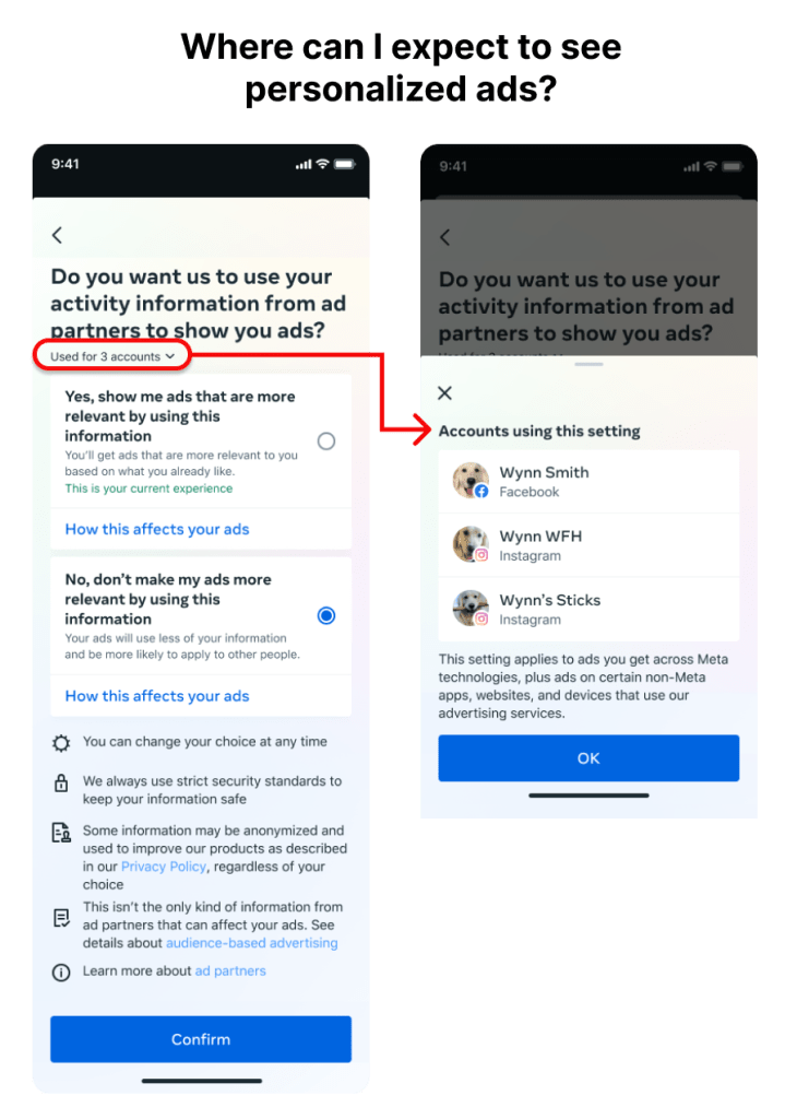 A diagram showing how the setting links text that says "Used for 3 accounts" to a bottom sheet that shows those accounts. There is also text below with additional information.