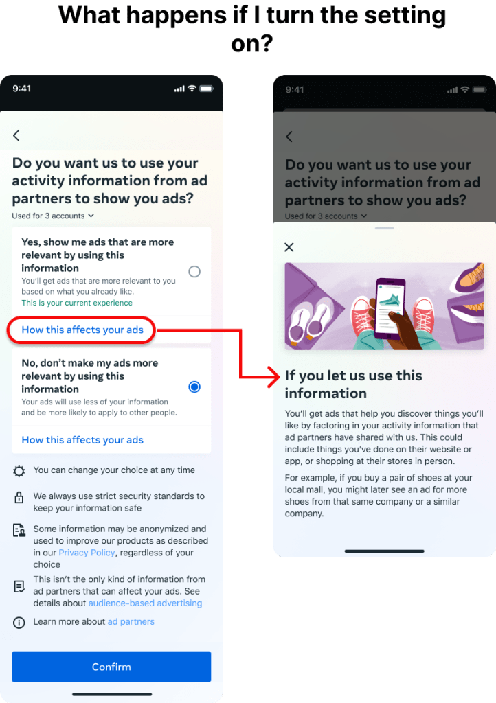 A diagram showing how the setting links text that says "How this affects your ads" links to a bottom sheet that explains how the user's ads might change if they choose to use this data.