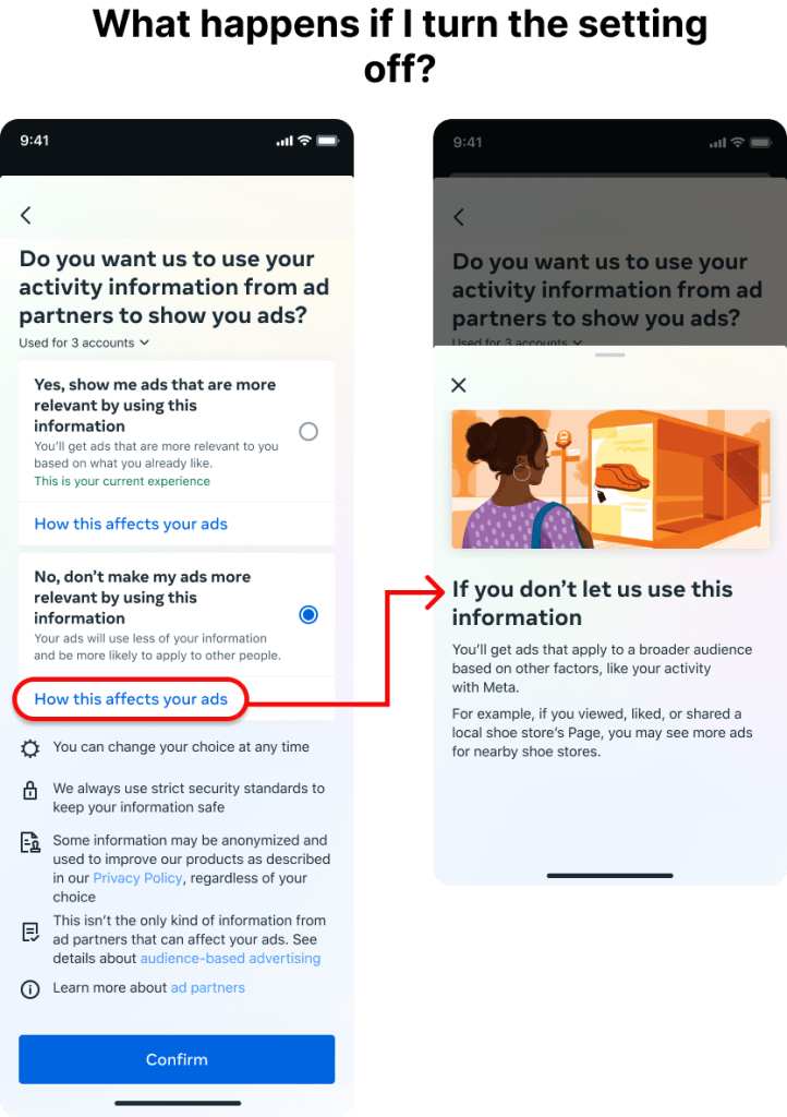 A diagram showing how the setting links text that says "How this affects your ads" links to a bottom sheet that explains how the user's ads might change if they choose to not use this data.