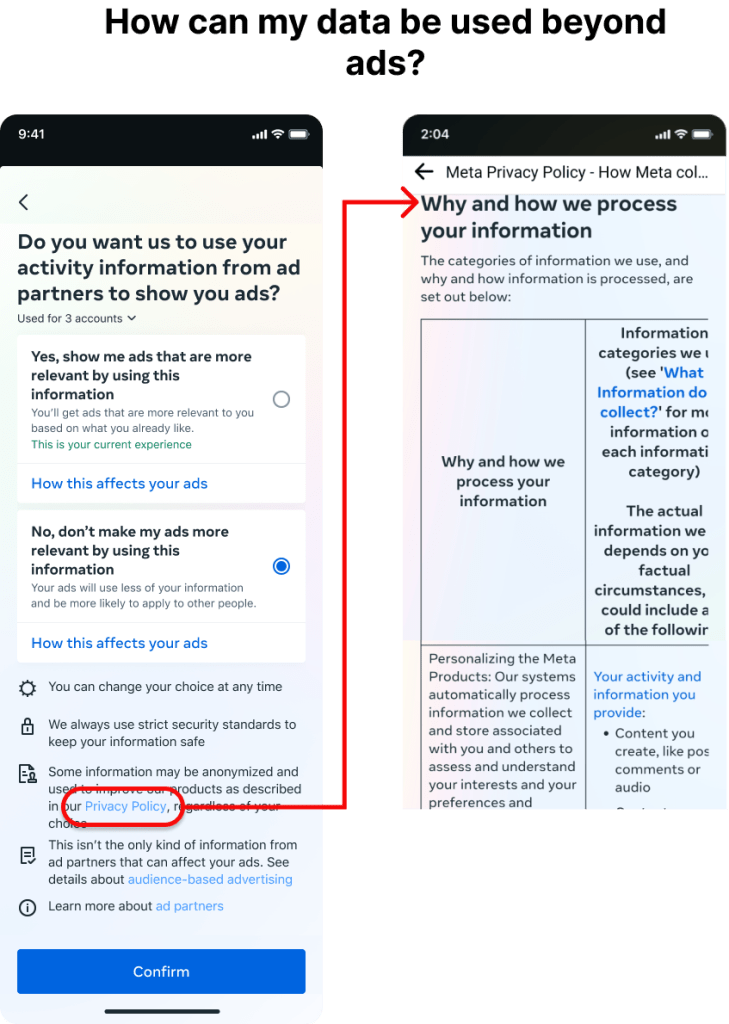 A diagram showing how the setting links text that says "Privacy Policy" links to the relevant section of the Privacy Policy.