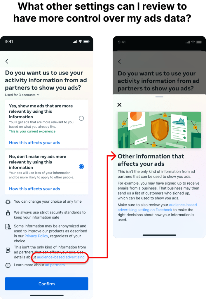 A diagram showing how the setting links text that says "audience-based advertising" links to a bottom sheet explaining how that setting works.