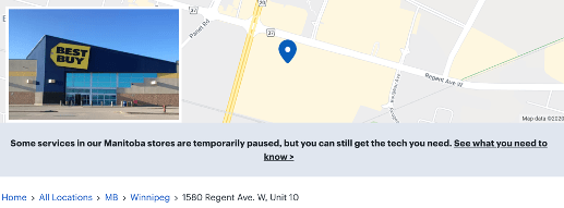A banner on a Manitoba store page that says "Some services in our Manitoba stores are temporarily paused, but you can still. get the tech you need. See what you need to know."