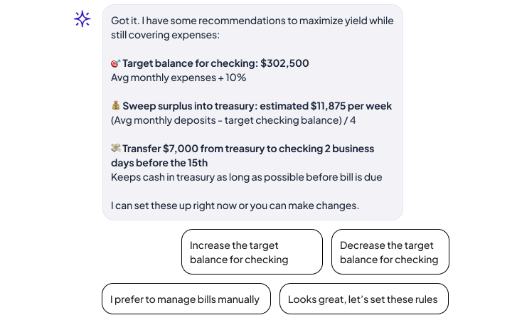 A chatbot displaying financial recommendations for optimizing fund allocation, including target balance details and transfer suggestions, along with interactive response options for the user.