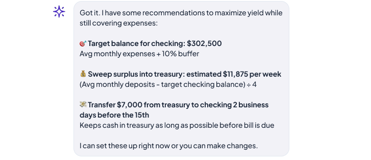 A chatbot interface providing financial recommendations including target balance for checking, suggested treasury surpluses, and transfer instructions.