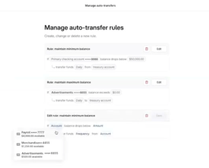 Screenshot of an interface for managing auto-transfer rules, featuring options to create, change, or delete rules related to minimum and maximum balances for different accounts.